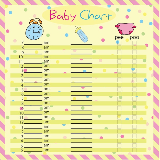 Horario de alimentación y pañales para bebés - tabla de bebés para mamás - ilustración vectorial colorida