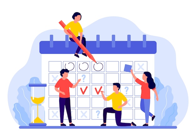 Horario, calendario, concepto de planificador. Planes de grupo de personas, fechas de marcas, plazos. El equipo empresarial organiza el flujo de trabajo.