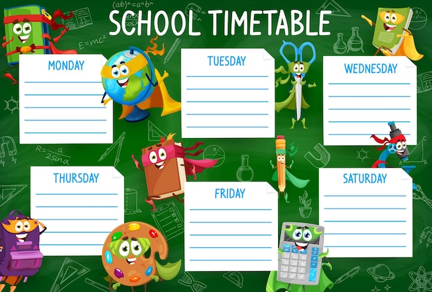 Horario con divertidos personajes de papelería escolar.