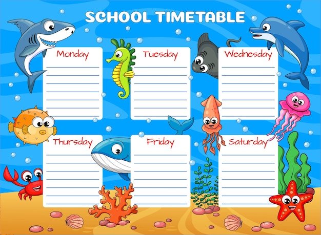 Horario de educación con dibujos animados submarinos animales marinos vector calendario escolar plan de semana de clase para niños o planificador de lecciones sobre fondo de océano azul con divertido tiburón cangrejo ballena y calamar