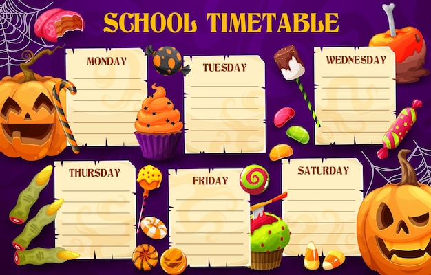 Vector horario escolar con dulces de halloween