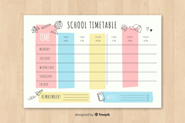 Vector horario escolar en estilo plano