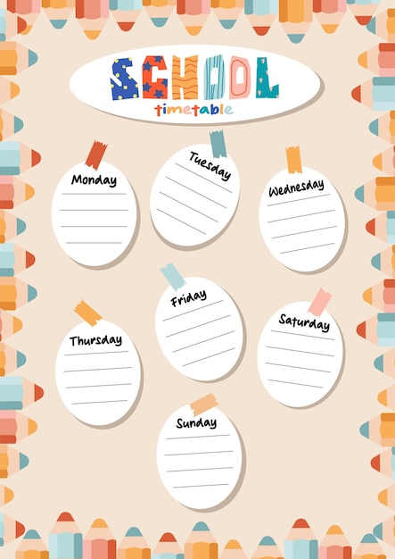 Horario escolar horario semanal plantilla vectorial con lápices de colores lindos horario para el estudiante