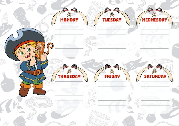 Horario escolar para niños con días de la semana. pirata de dibujos animados de color con un mono