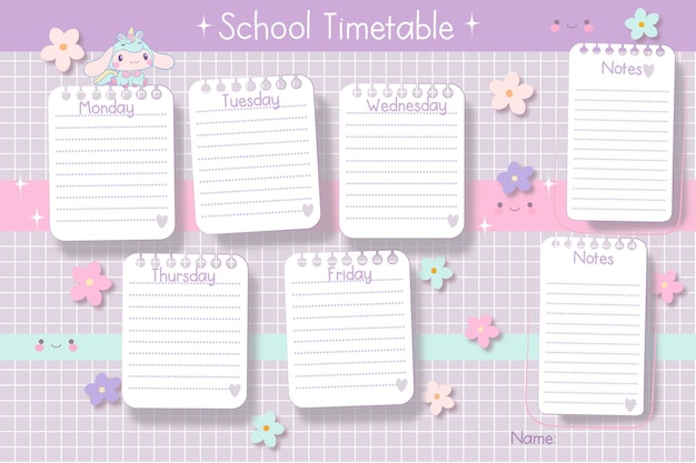 Horario de la Escuela Púrpura con flores de arco iris vacías para hacer una lista de planificador semanal para la educación de los niños