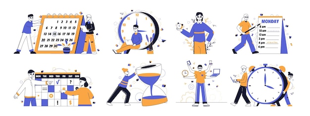 Horario de gestión del tiempo organizar tareas planificación caracteres vector símbolos ilustraciones conjunto