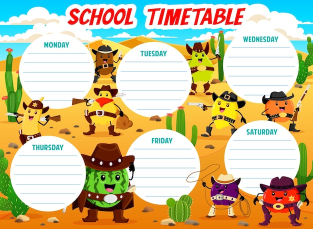 Horario horario con personajes de frutas de vaquero.