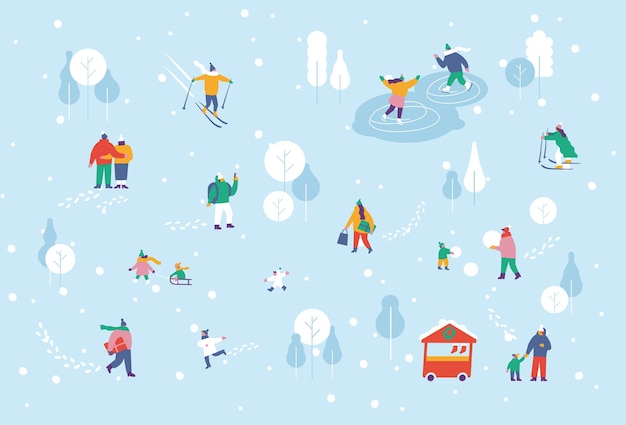 Horario de invierno. gente feliz con ropa de abrigo en el parque de invierno cubierto de nieve.