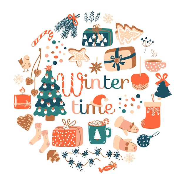 Horario de invierno. Tarjeta con ronda de cajas de regalo, abeto, guirnalda, pan de jengibre, dulces, juguetes.