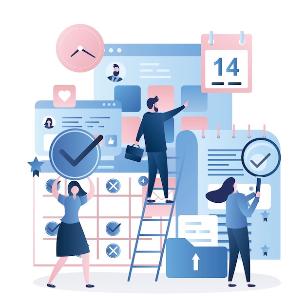 Horario y lista de tareas Personas de negocios y gran ilustración vectorial de horarios