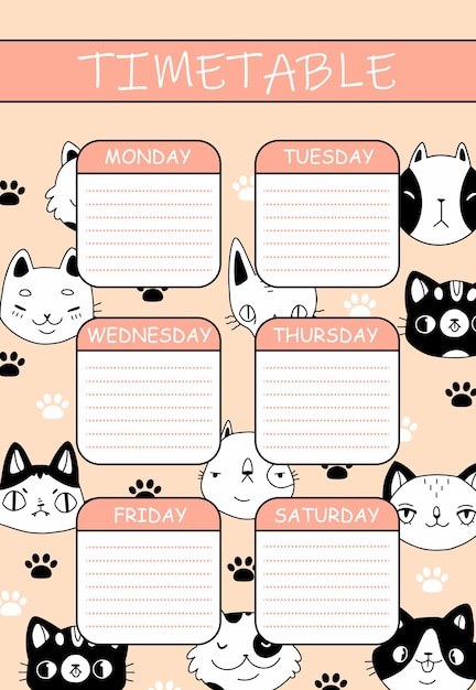 Horario de niños lindos con gatos y patas en estilo de dibujo de dibujos animados horario rosa con animales lindos