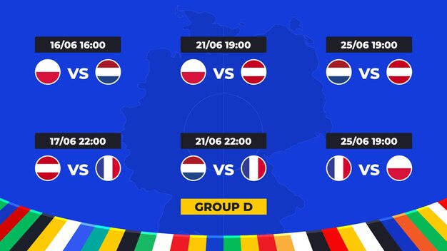 Vector horario de partidos grupo d del torneo europeo de fútbol en alemania 2024 fase de grupos de fútbol europeo