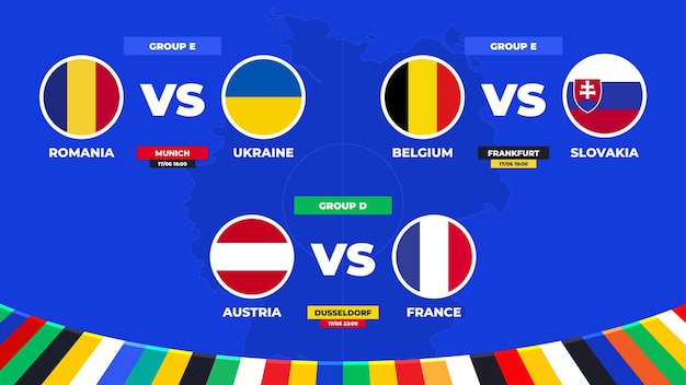 Vector horario de los partidos de los grupos d y e del torneo europeo de fútbol en alemania 2024 fase de grupos