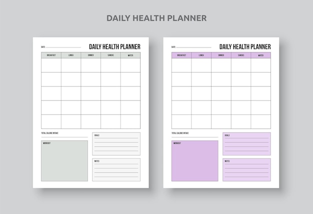 Horario del planificador de comidas diarias de salud. Plan de dieta. Fitness, notas, lista de tareas pendientes.