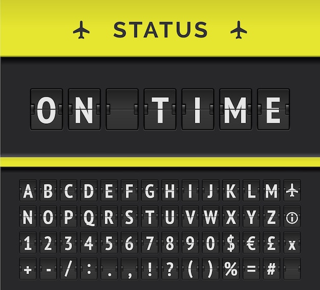 Vector horario de tablero analógico que muestra la información de vuelo del aeropuerto del estado de salida: a tiempo, con el icono de signo de la aeronave y el alfabeto