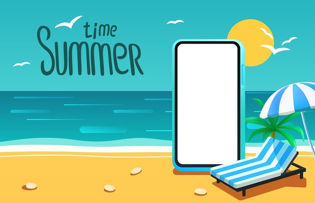 Horario de verano banner teléfono temporada fiesta bar aplicación de frutas tropicales ilustración vectorial