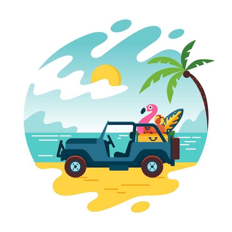 Vector horario de verano y coche en la playa con pocas maletas. vacaciones y viajes, un montón de cosas para las vacaciones. paisaje de ilustración de estilo plano de dibujos animados, concepto aislado.