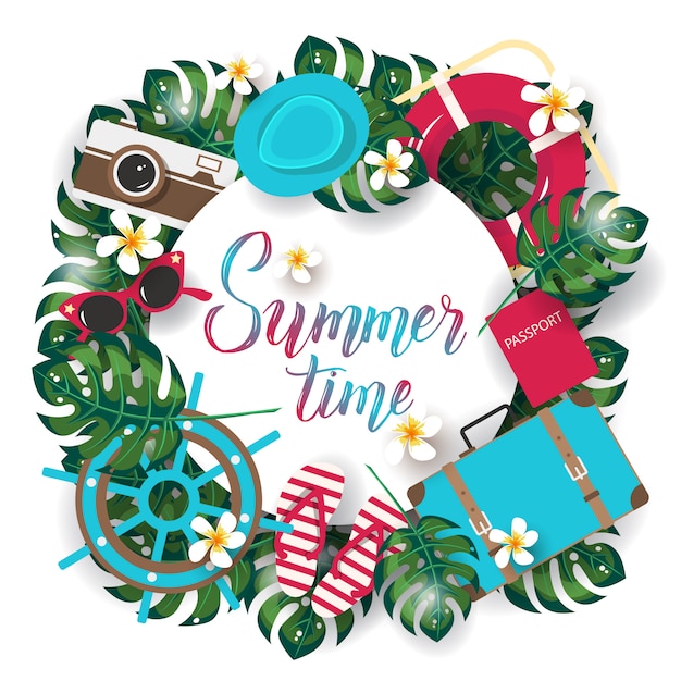 Vector horario de verano con hojas de palma exóticas cámara, sombrero, salvavidas, pasaporte, maleta, chanclas, lentes, volante, flores tropicales