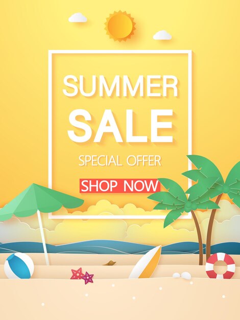 Horario de verano, mar y playa con cocoteros y esas cosas, estilo de arte en papel