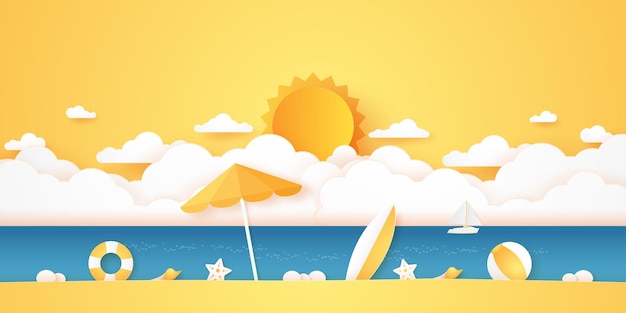 Vector horario de verano, mar y playa con cosas, cloudscape y sol con cielo brillante, estilo de arte en papel