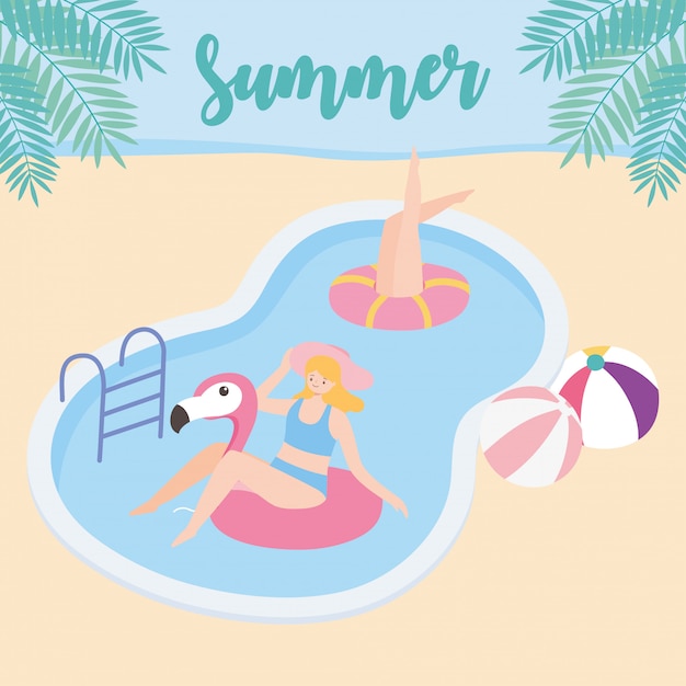 Horario de verano mujeres en la piscina con bolas y flotador de flamenco turismo vacaciones