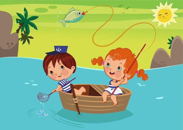 Horario de verano, una niña y un niño están pescando en una ilustración de vector de barco