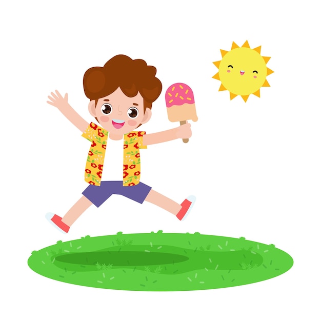 Horario de verano niño lindo con helado y saltando.