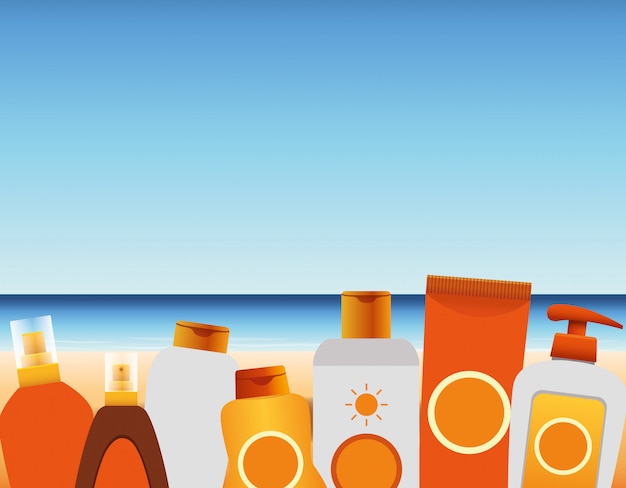 Horario de verano en la playa vacaciones botellas tubo crema crema solar bloqueador solar arena