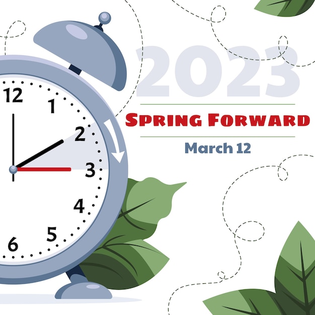 Vector horario de verano reloj con una hora de adelanto 12 de marzo de 2023 concepto de spring forward