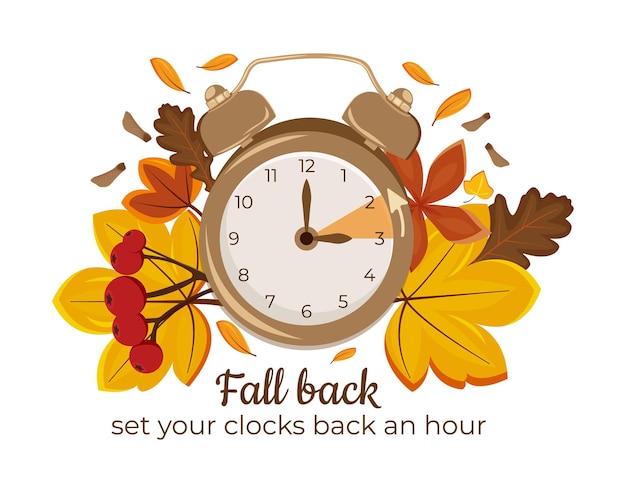 Vector el horario de verano termina el 5 de noviembre de 2023 reloj despertador configurado para retroceder una hora en segundo plano follaje de otoño horario de invierno retroceder