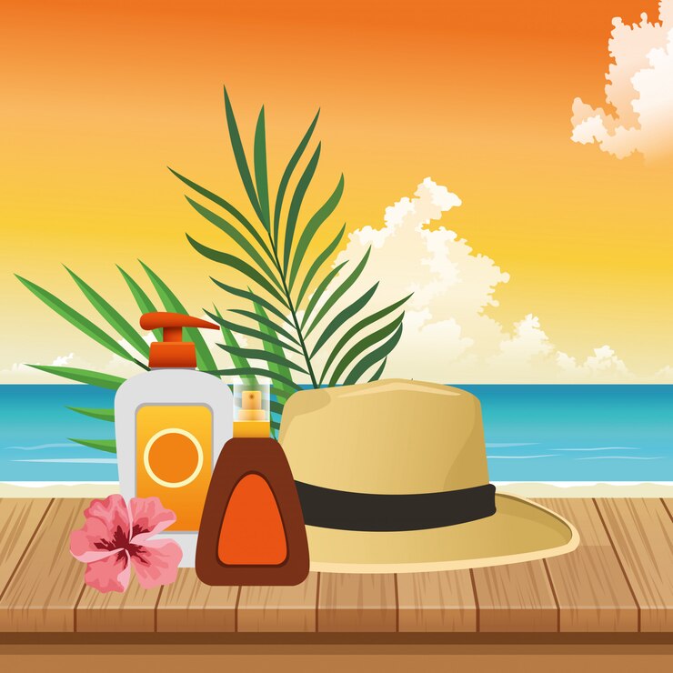 Vector horario de verano en vacaciones de playa bronceador solar y protector solar spray sombrero hojas de flores
