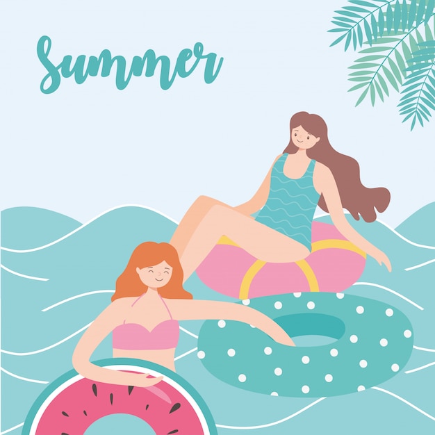 Horario de verano vacaciones en la playa mujeres descansando sobre anillos de goma flotantes en el mar