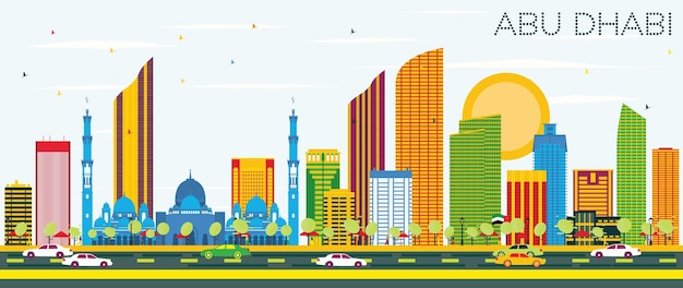 Vector horizonte de abu dhabi con edificios de color y cielo azul. ilustración de vector. concepto de turismo y viajes de negocios con arquitectura moderna. imagen para el cartel de presentación y el sitio web.