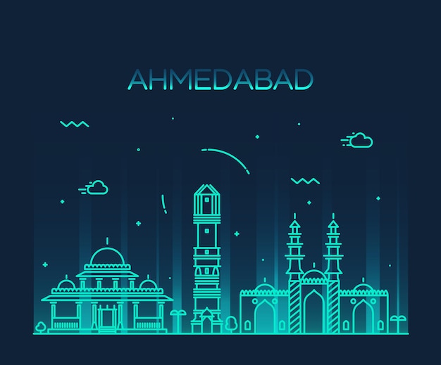 Horizonte de Ahmedabad, silueta detallada. Ilustración vectorial de moda