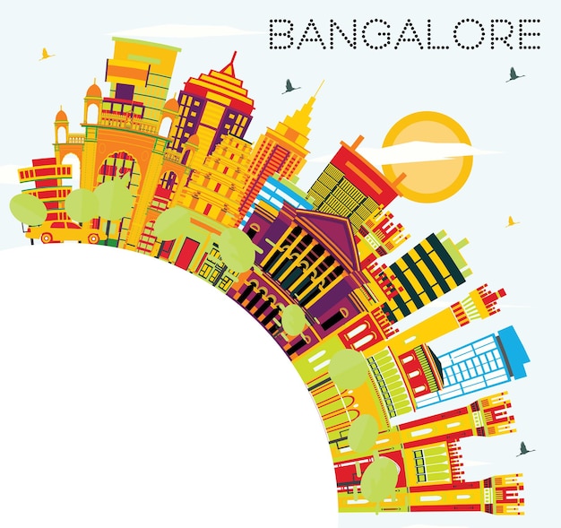 Horizonte de bangalore con edificios de color, cielo azul y espacio de copia. ilustración de vector. concepto de turismo y viajes de negocios con arquitectura histórica.