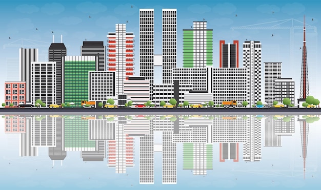 Horizonte de Brasilia con edificios grises, cielo azul y reflejos. Ilustración de vector. Concepto de turismo y viajes de negocios con arquitectura moderna. Imagen para el cartel de presentación y el sitio web.