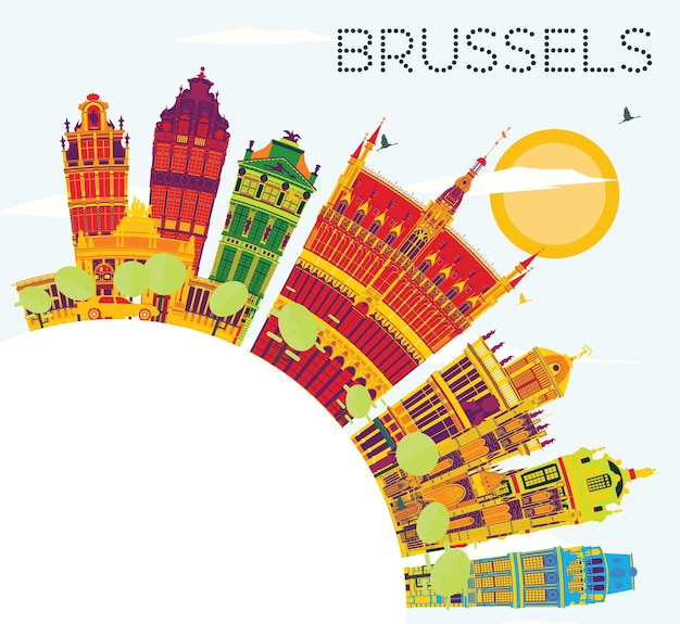 Horizonte de Bruselas con edificios de color, cielo azul y espacio de copia. Ilustración de vector. Concepto de turismo y viajes de negocios con arquitectura histórica. Imagen para el cartel de presentación y el sitio web.