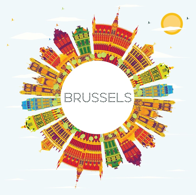 Horizonte de bruselas con edificios de color, cielo azul y espacio de copia. ilustración de vector. concepto de turismo y viajes de negocios con arquitectura histórica. imagen para el cartel de presentación y el sitio web.