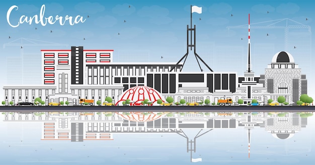 Horizonte de Canberra con edificios grises, cielo azul y reflejos. Ilustración de vector. Concepto de turismo y viajes de negocios con arquitectura moderna. Imagen para el cartel de presentación y el sitio web.