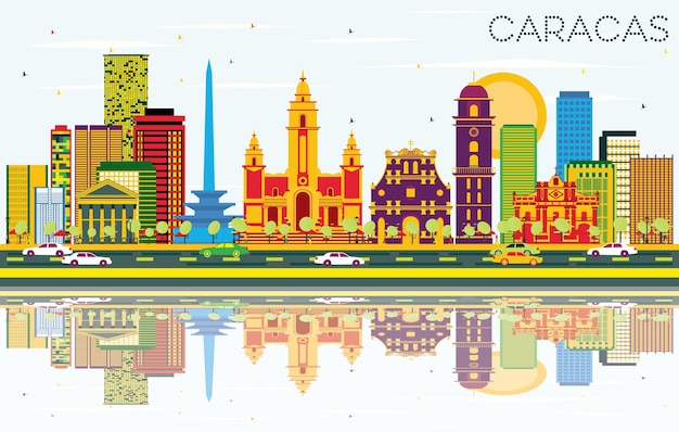 Vector horizonte de caracas con edificios de color, cielo azul y reflejos. ilustración de vector. concepto de turismo y viajes de negocios con edificios históricos. imagen para el cartel de presentación y el sitio web.