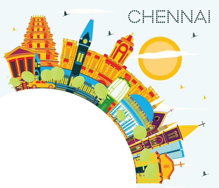 Vector horizonte de chennai india con hitos de color, cielo azul y espacio de copia. ilustración de vector. concepto de turismo y viajes de negocios con arquitectura histórica. paisaje urbano de chennai con hitos.