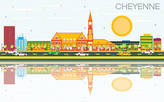 Horizonte de cheyenne con edificios de color, cielo azul y reflejos. ilustración de vector. concepto de turismo y viajes de negocios. imagen para el cartel de presentación y el sitio web.