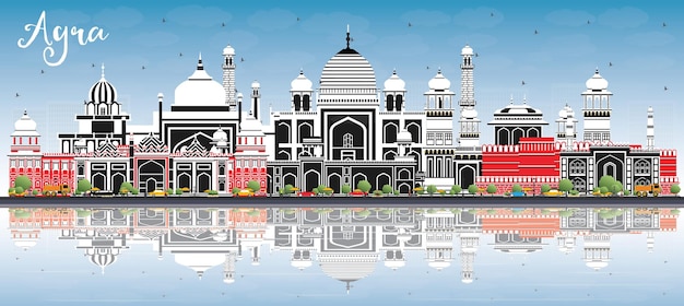Vector horizonte de la ciudad de agra india con edificios de color cielo azul y reflejos ilustración vectorial concepto de turismo y viajes de negocios con arquitectura histórica paisaje urbano de agra uttar pradesh con puntos de referencia