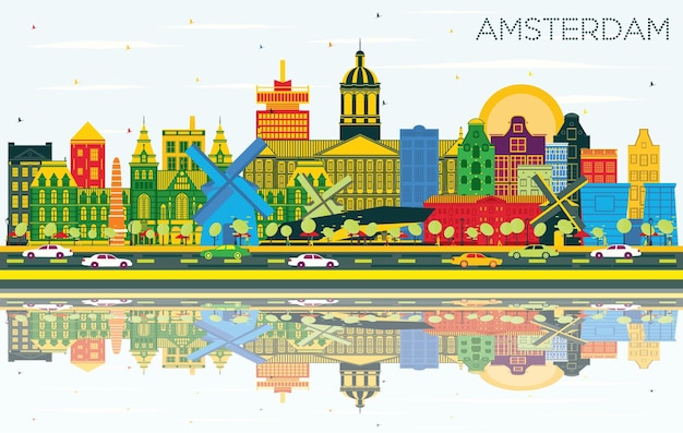 Horizonte de la ciudad de Amsterdam Holanda con edificios de color azul cielo y reflejos