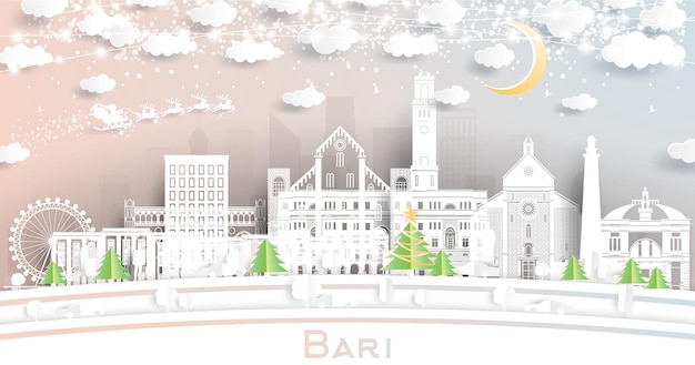 Horizonte de la ciudad de Bari Italia en estilo de corte de papel con luna de copos de nieve y guirnalda de neón