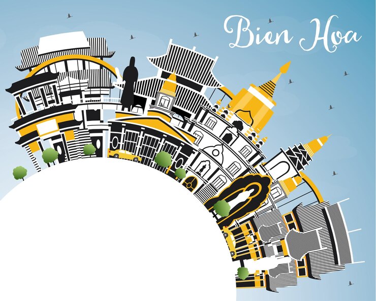 Vector horizonte de la ciudad de bien hoa vietnam con edificios grises, cielo azul y espacio de copia. ilustración de vector. concepto de turismo y viajes de negocios con arquitectura histórica. paisaje urbano de bien hoa con hitos.