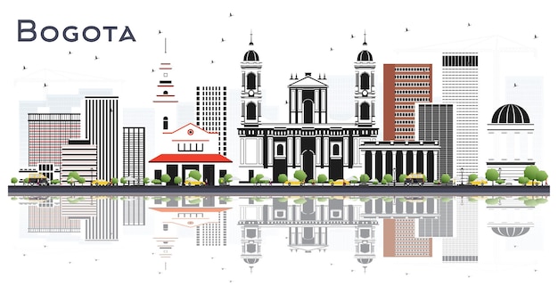 Horizonte de la ciudad de bogotá colombia con edificios grises y reflejos aislados en blanco ilustración vectorial concepto de viajes y turismo con arquitectura histórica paisaje urbano de bogotá con puntos de referencia