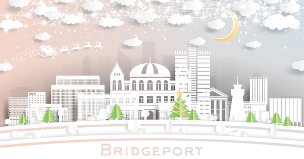 Horizonte de la ciudad de bridgeport connecticut en estilo de corte de papel con luna de copos de nieve y guirnalda de neón