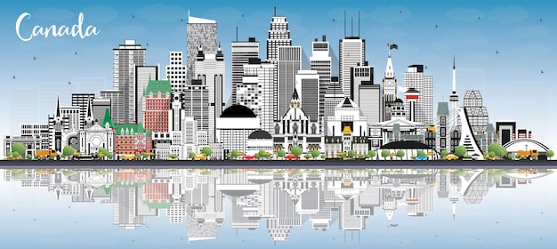 Vector horizonte de la ciudad de canadá con edificios grises cielo azul y reflejos