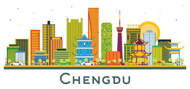 Horizonte de la ciudad de Chengdu China con edificios de color aislados en blanco Ilustración vectorial Concepto de viajes y turismo de negocios con arquitectura moderna Paisaje urbano de Chengdu con puntos de referencia
